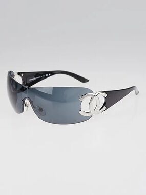 💯 Authentic Chanel Black Shield Sunglasses with Silver CC Logo